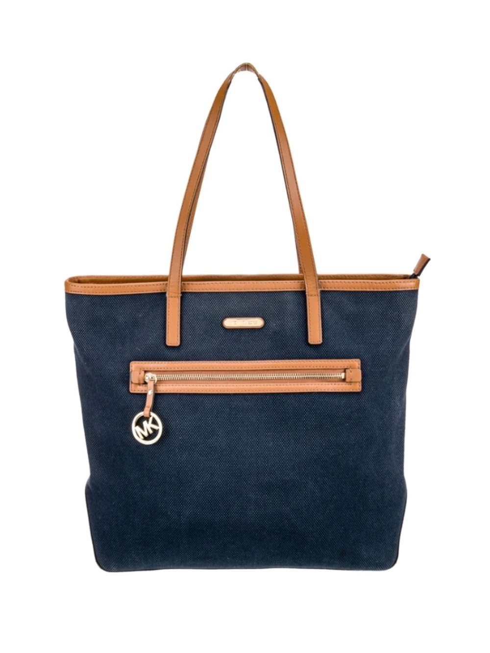 Michael Kors Kenton Nylon Navy Tote with Brown Leather Trim 16” x 14” x 5”